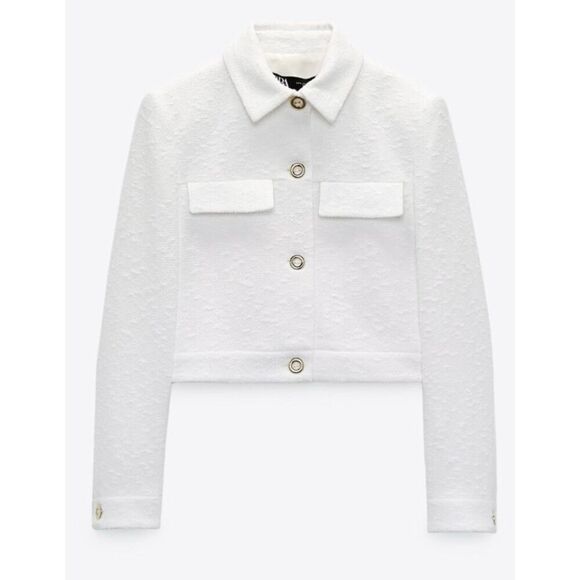 ZARA Textured Cropped Blazer with Gold Buttons In Oyster White Size M - Picture 1 of 12